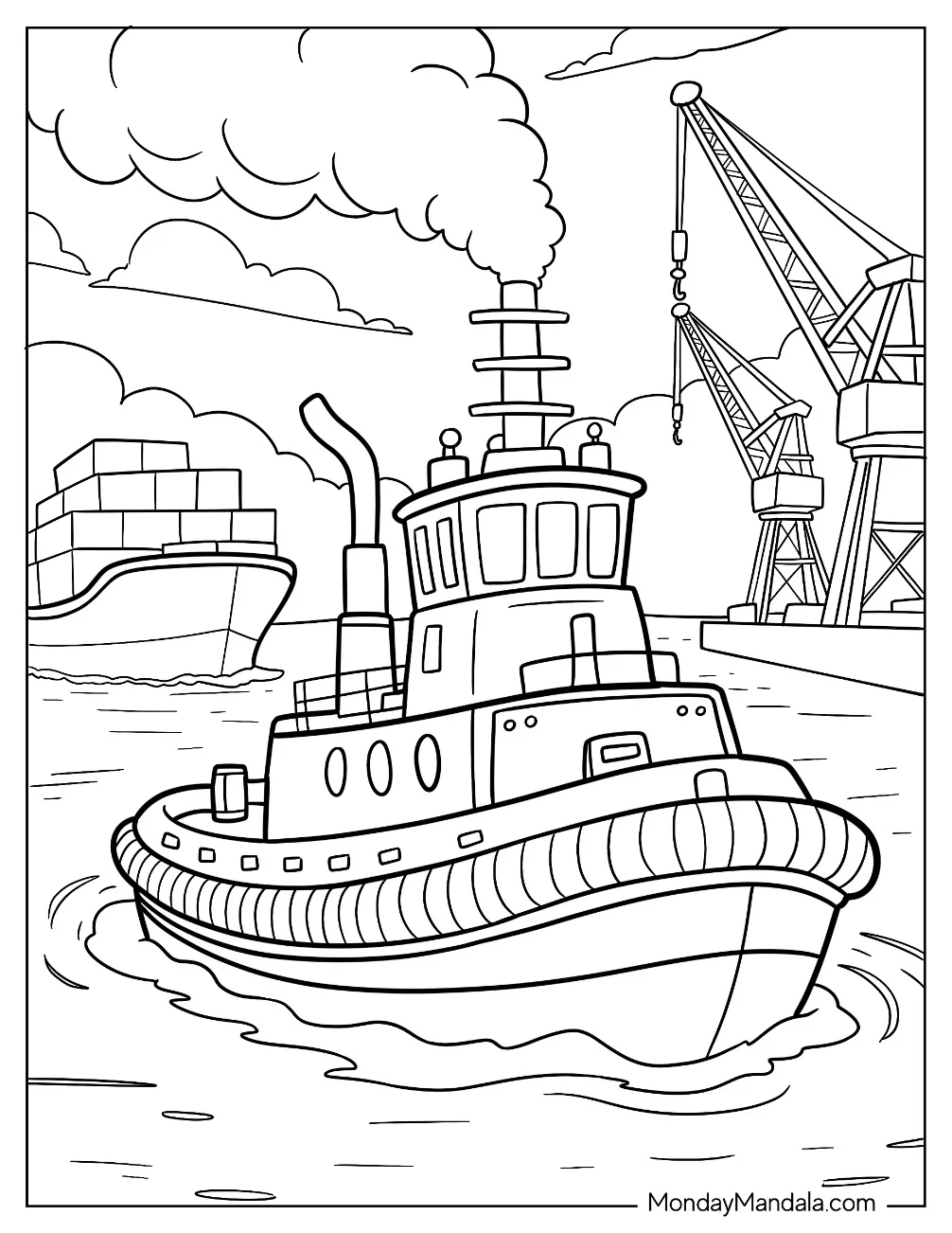 Boat & Ship Coloring Page of Tugboat Sailing Through Busy Harbor with Cargo Ship and Cranes coloring page