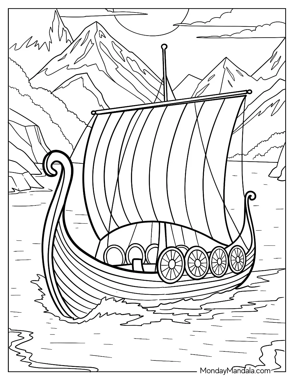 Boat & Ship Coloring Page of Viking Longship with Tall Sail Navigating a Mountain Fjord coloring page