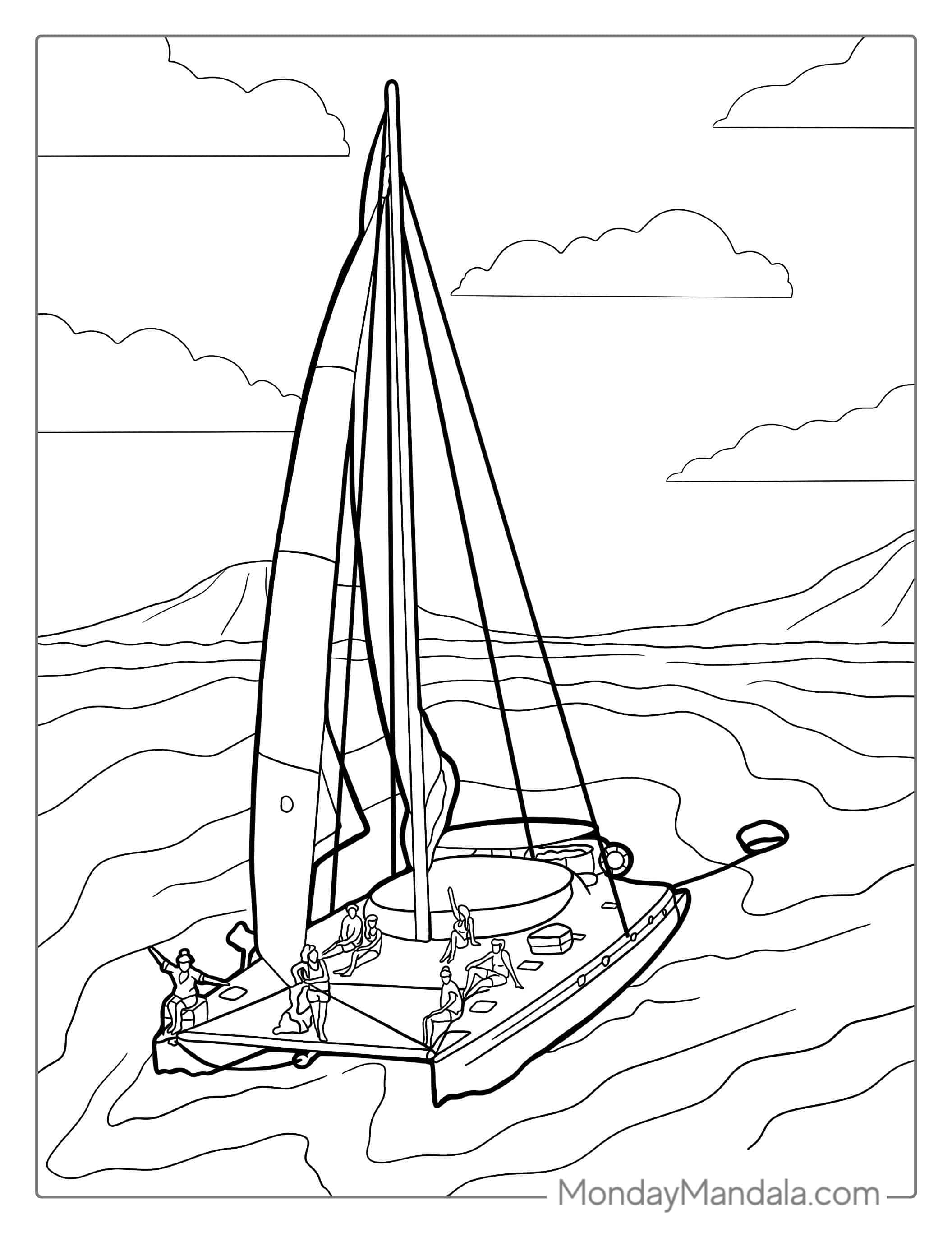 Catamaran Yacht With Sails To Color coloring page — printable line art