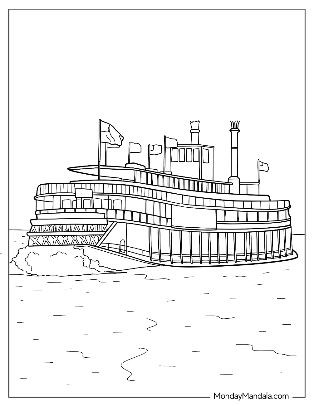 Classic Paddle Steamboat with Flags Sailing Across the River Coloring Sheet coloring page