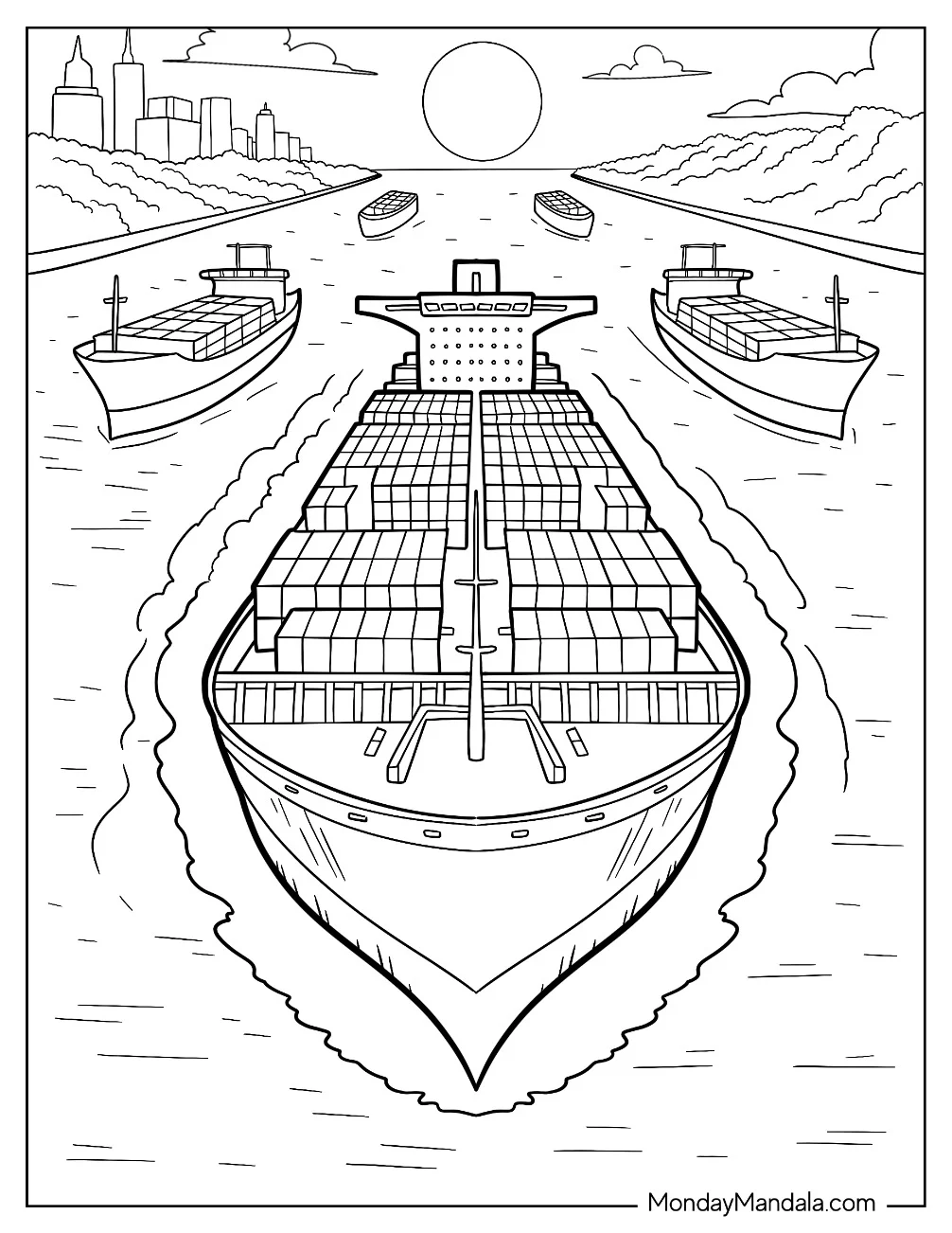 Container Ship Leading a Fleet Through a City Harbor at Sunset Coloring Sheet coloring page — printable line art