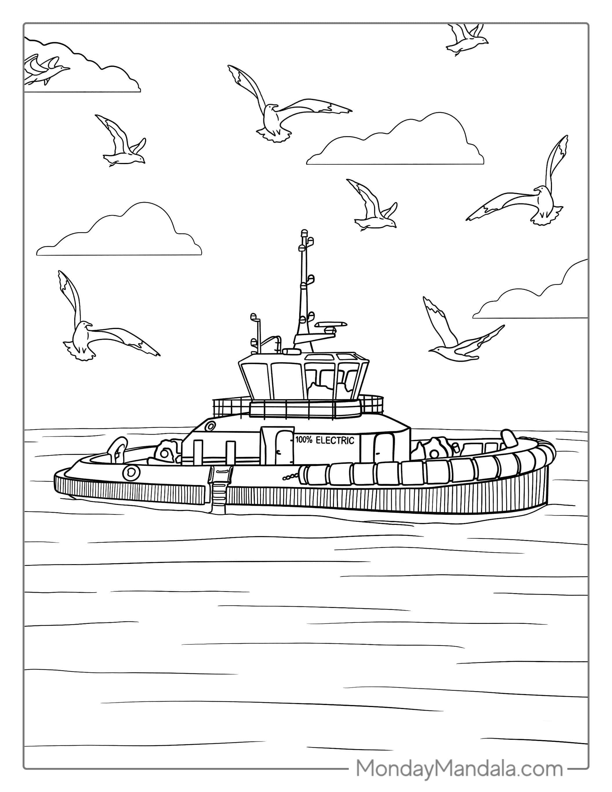 Detailed Coloring Page Of a Tugboat coloring page — printable line art