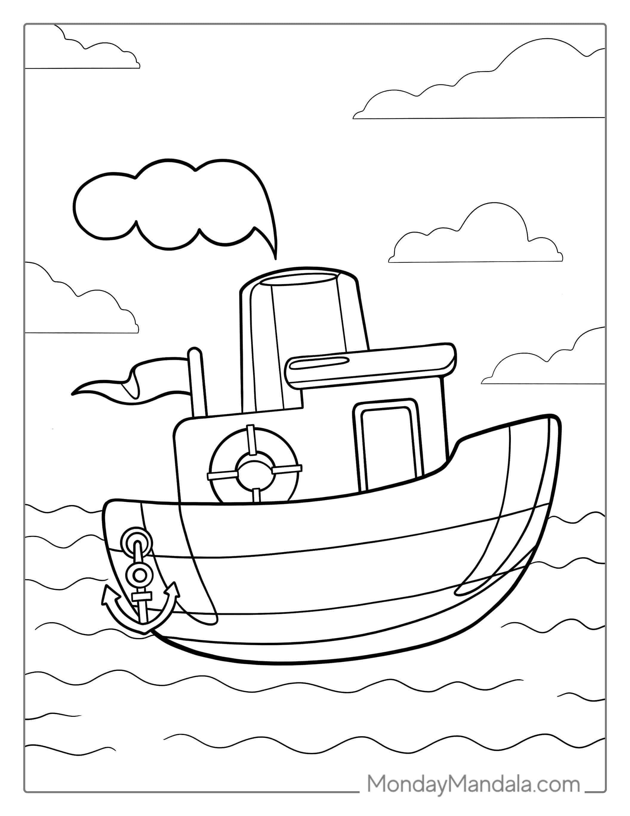 Easy Outline Of a Tugboat To Color For Kids coloring page — printable line art