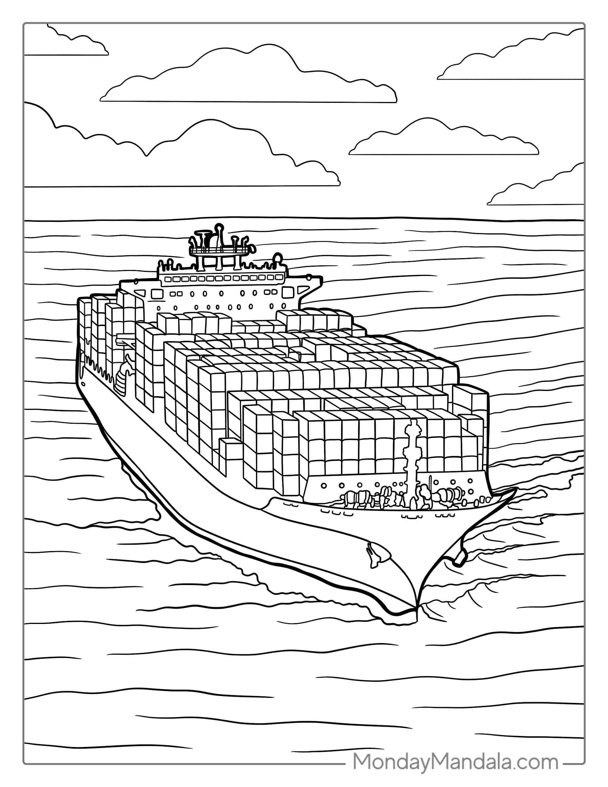 Large Container Ship On Open Seas To Color coloring page — printable line art