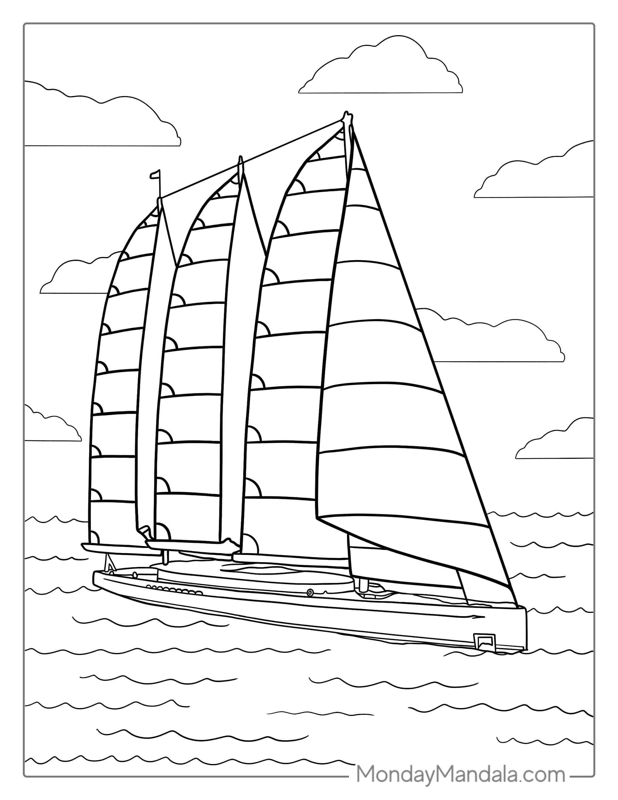 Large Four Sail Super Yacht Coloring Picture_ coloring page — printable line art