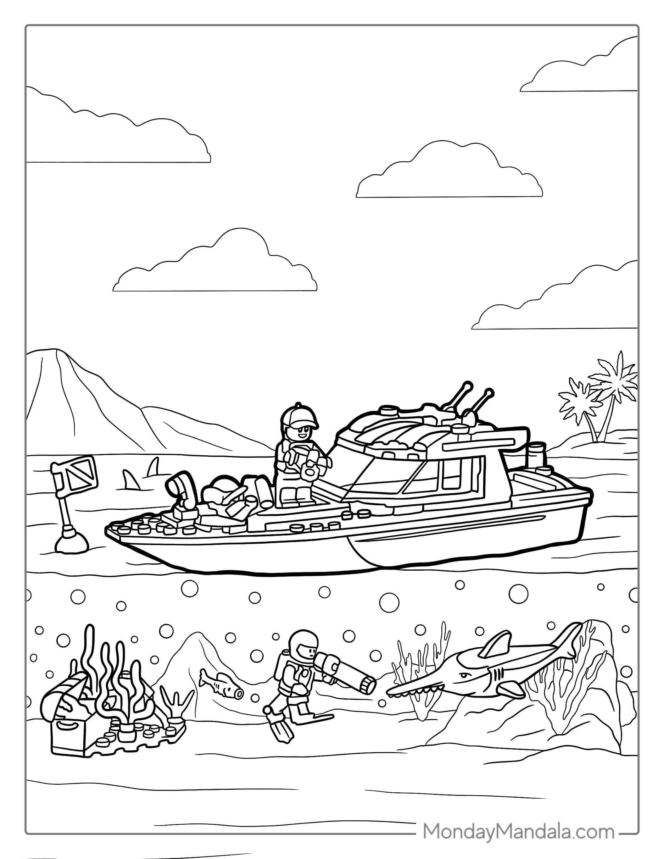 Lego Boat Surrounded By Sharks To Color coloring page