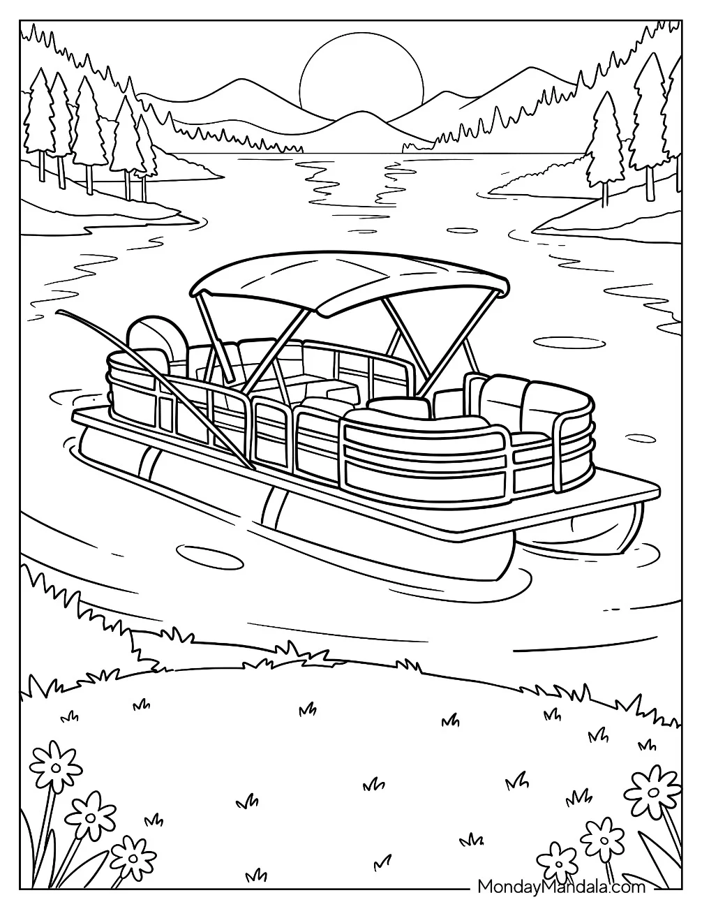 Pontoon Boat & Ship Coloring Page Cruising on a Peaceful Mountain Lake for Kids coloring page