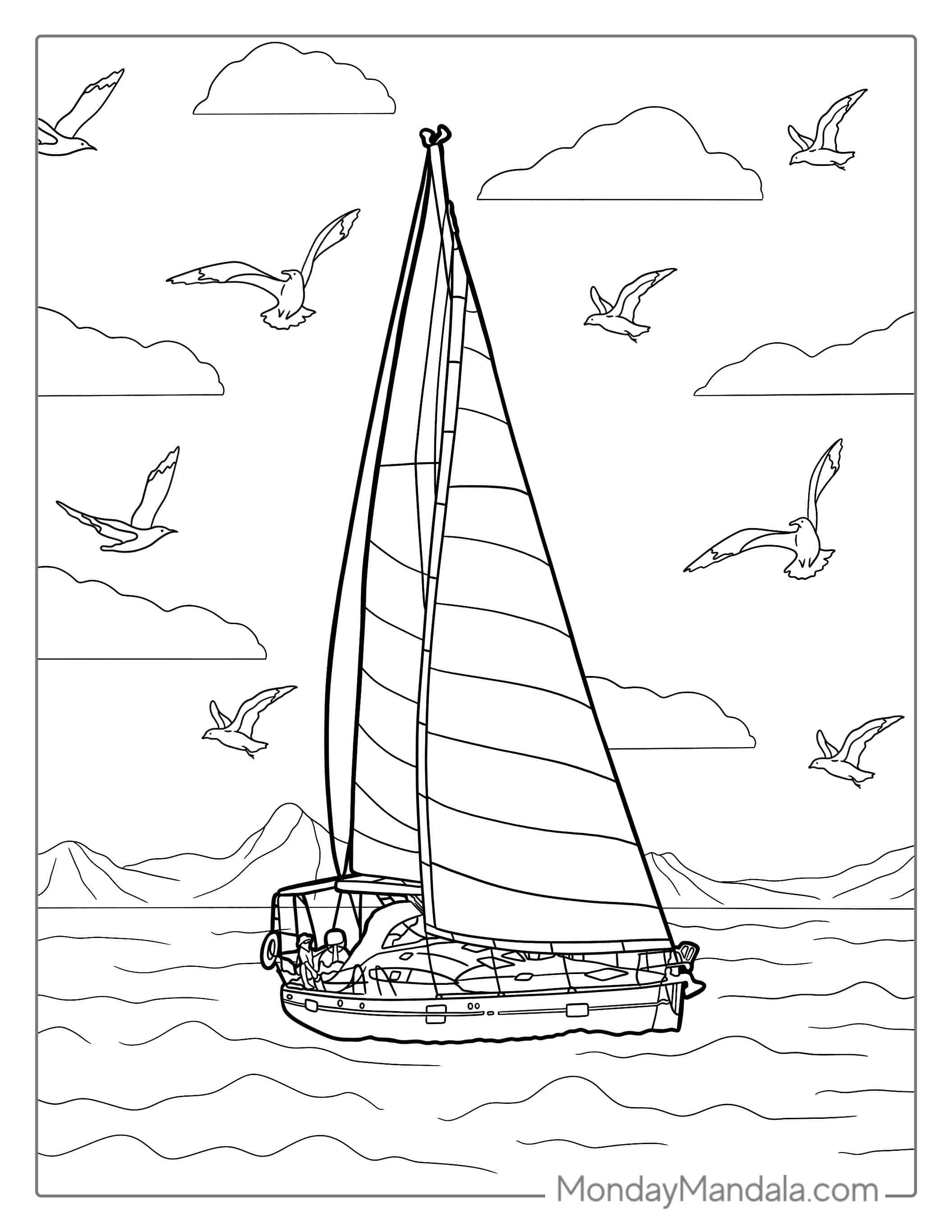 Sail Boat On The Water With Seagulls To Color coloring page