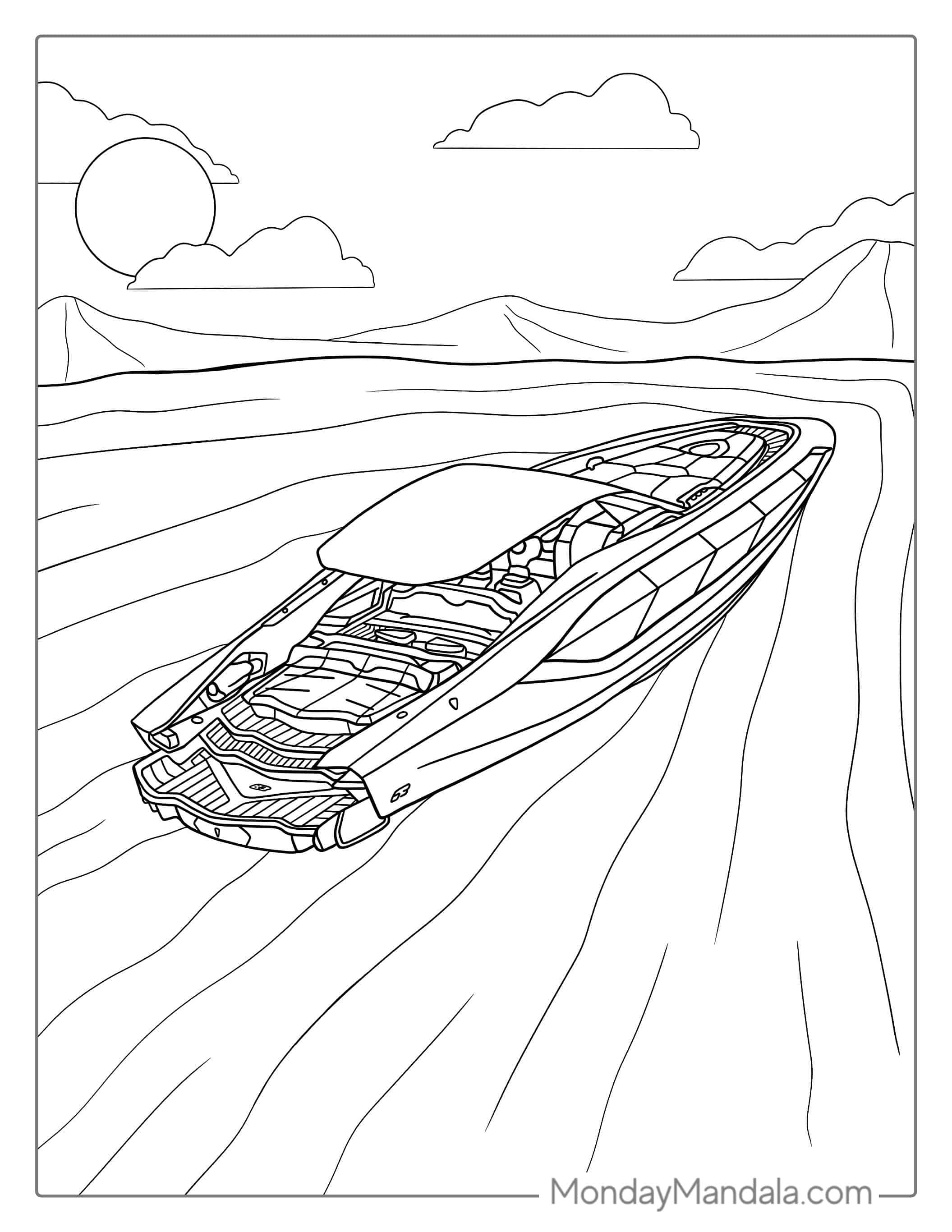 Speed Boat On a Lake Coloring Page coloring page — printable line art