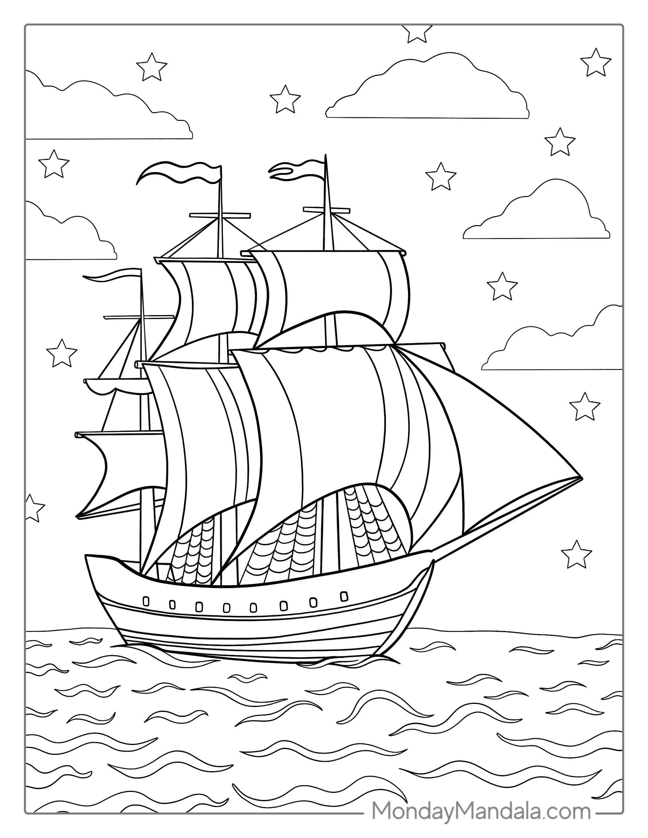 Stunning Wooden Ship Sailing During The Night To Color coloring page