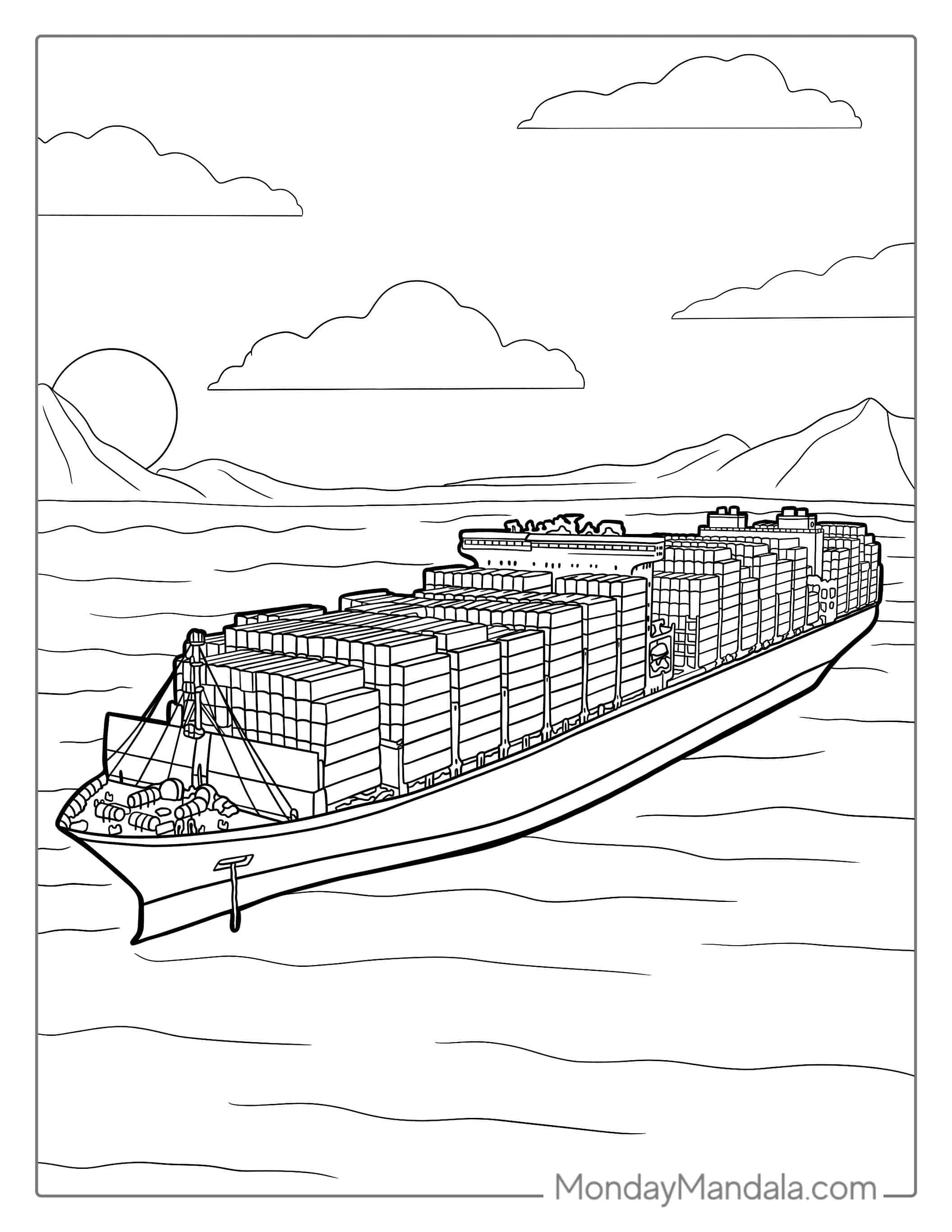 Super Large Cargo Ship Carrying Containers coloring page — printable line art