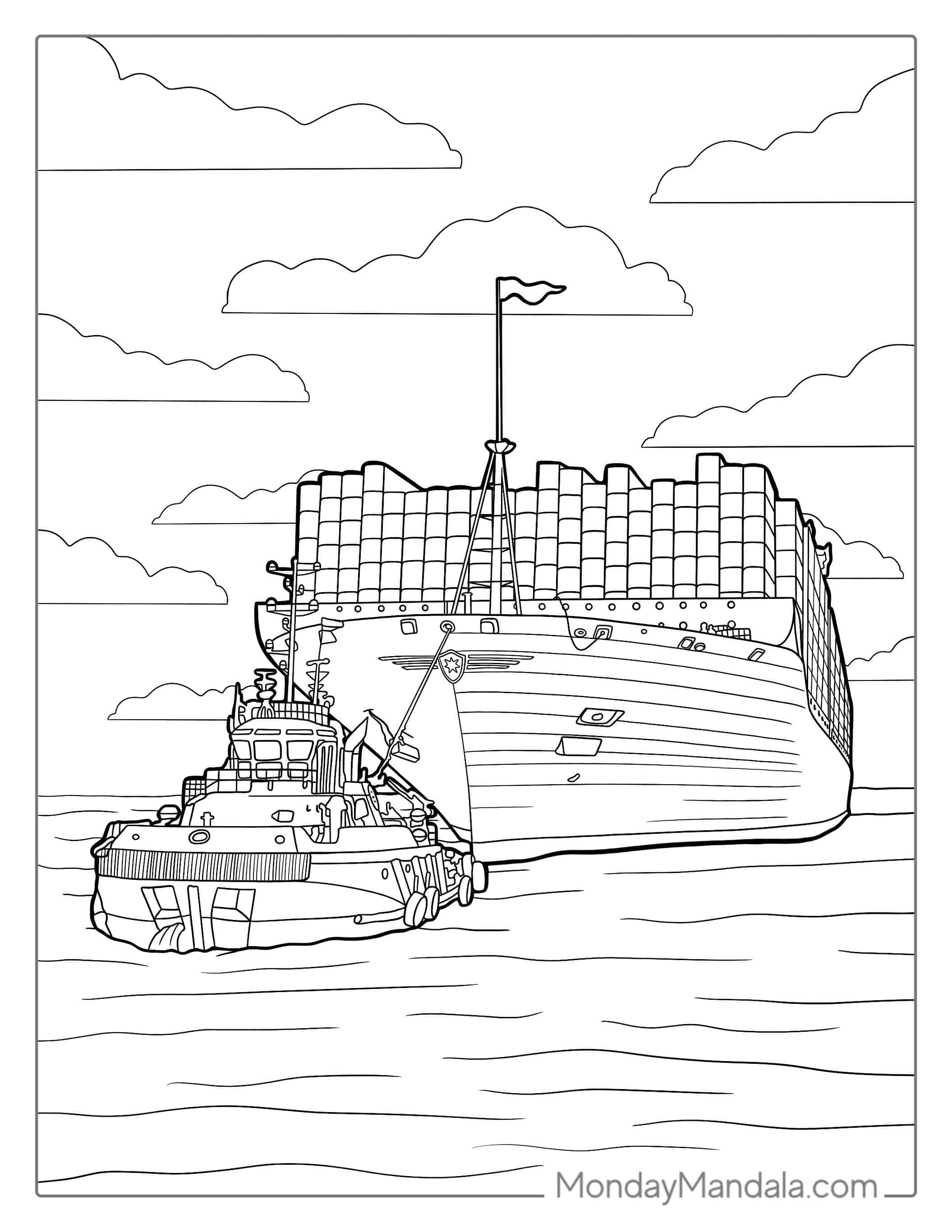Tugboat Towing A Large Container Ship To Color coloring page — printable line art
