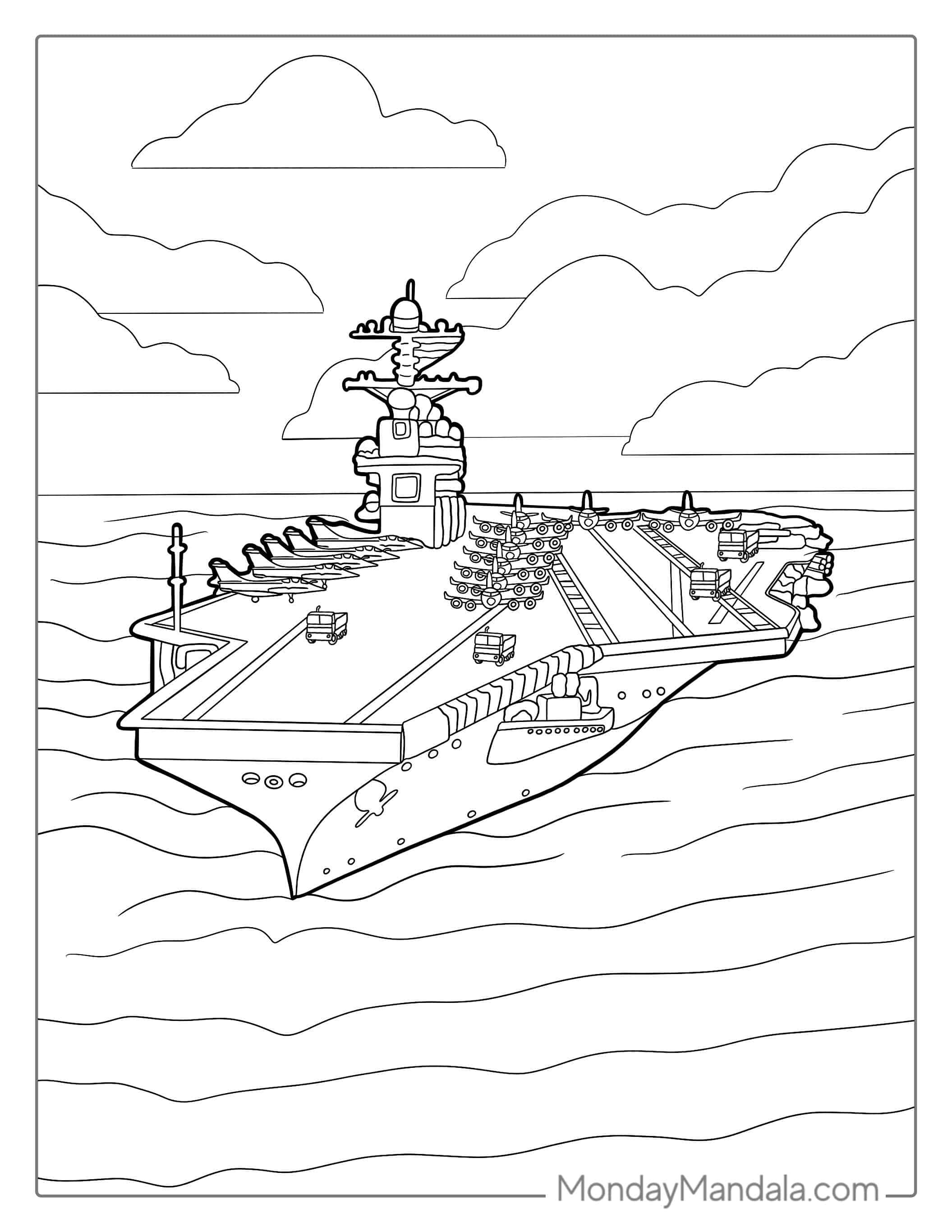 US Navy Aircraft Carrier Warship To Color coloring page — printable line art