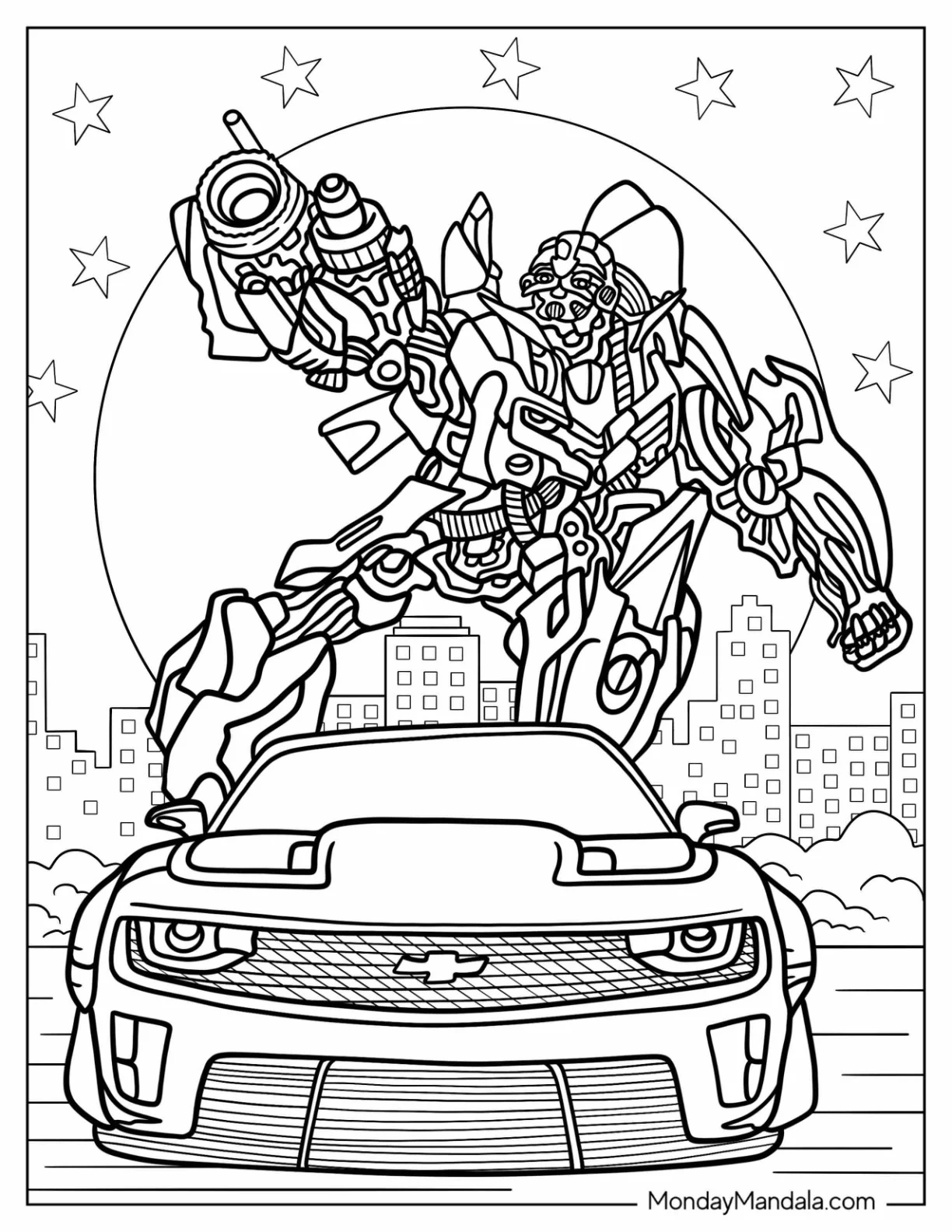 Bumblebee Coloring Page Shooting Laser Beam Behind Chevrolet Camaro coloring page — printable line art
