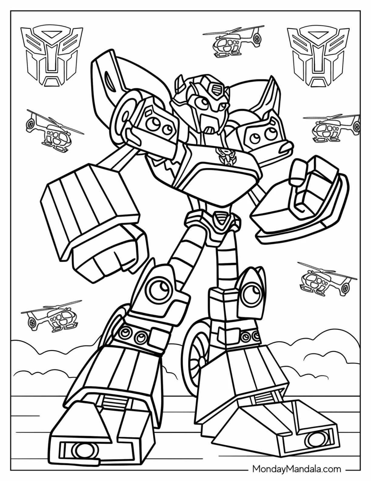 Cartoon Bumblebee Coloring Page With Helicopters For Kids coloring page