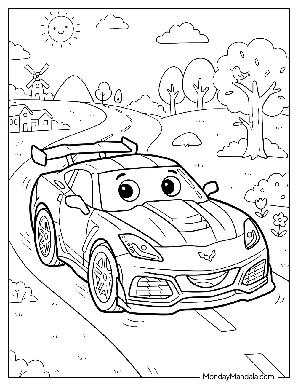 Cartoon Corvette Race Car on the Road Coloring Page for Kids coloring page