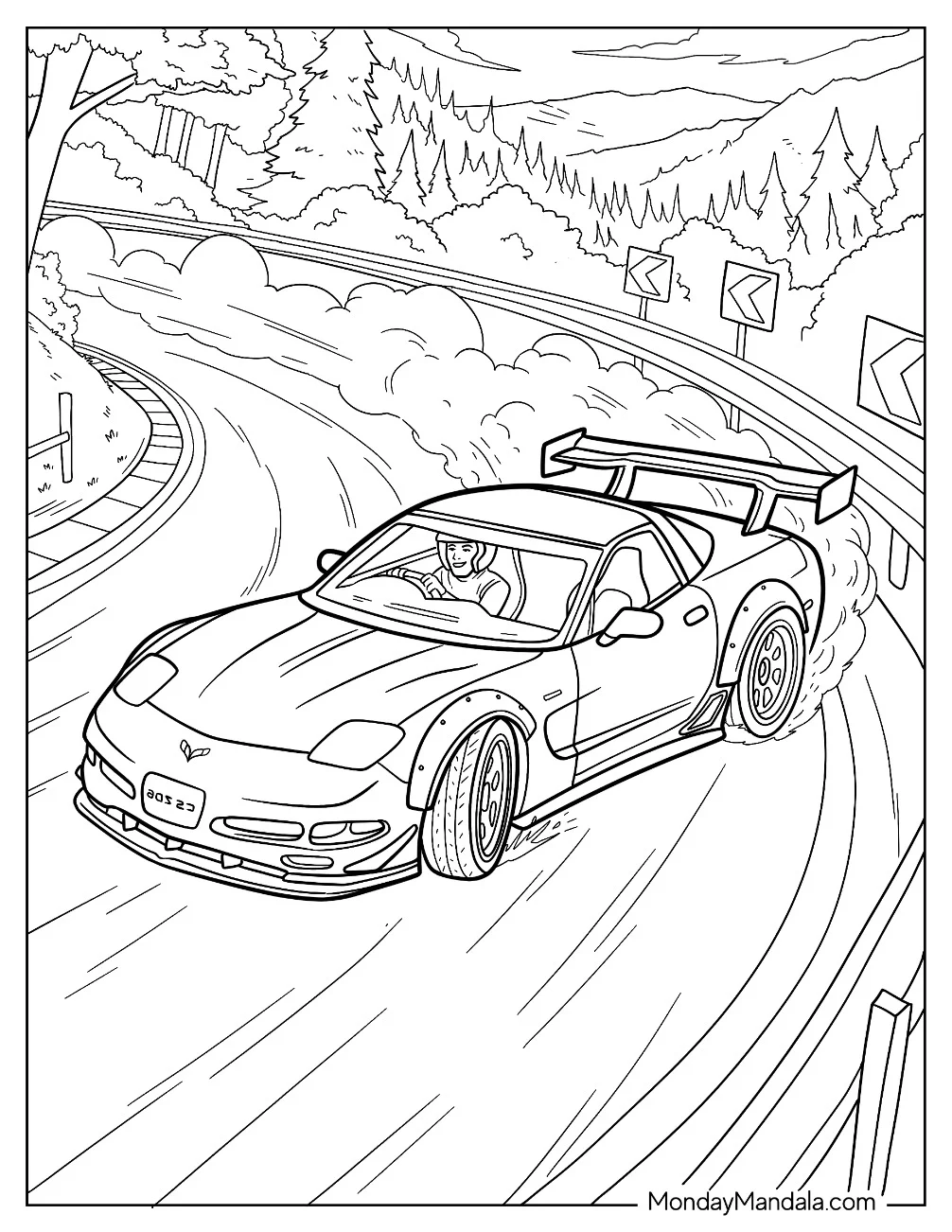 Chevrolet Corvette Drifting Around a Mountain Road coloring page