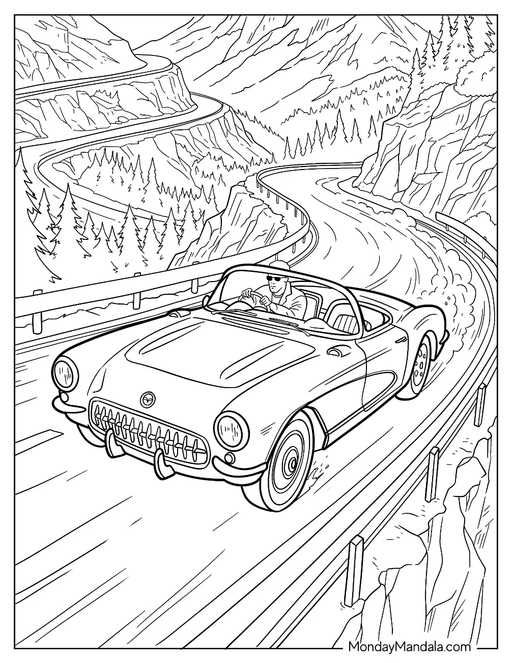 Cool Guy Racing a Corvette on a Mountain Road coloring page