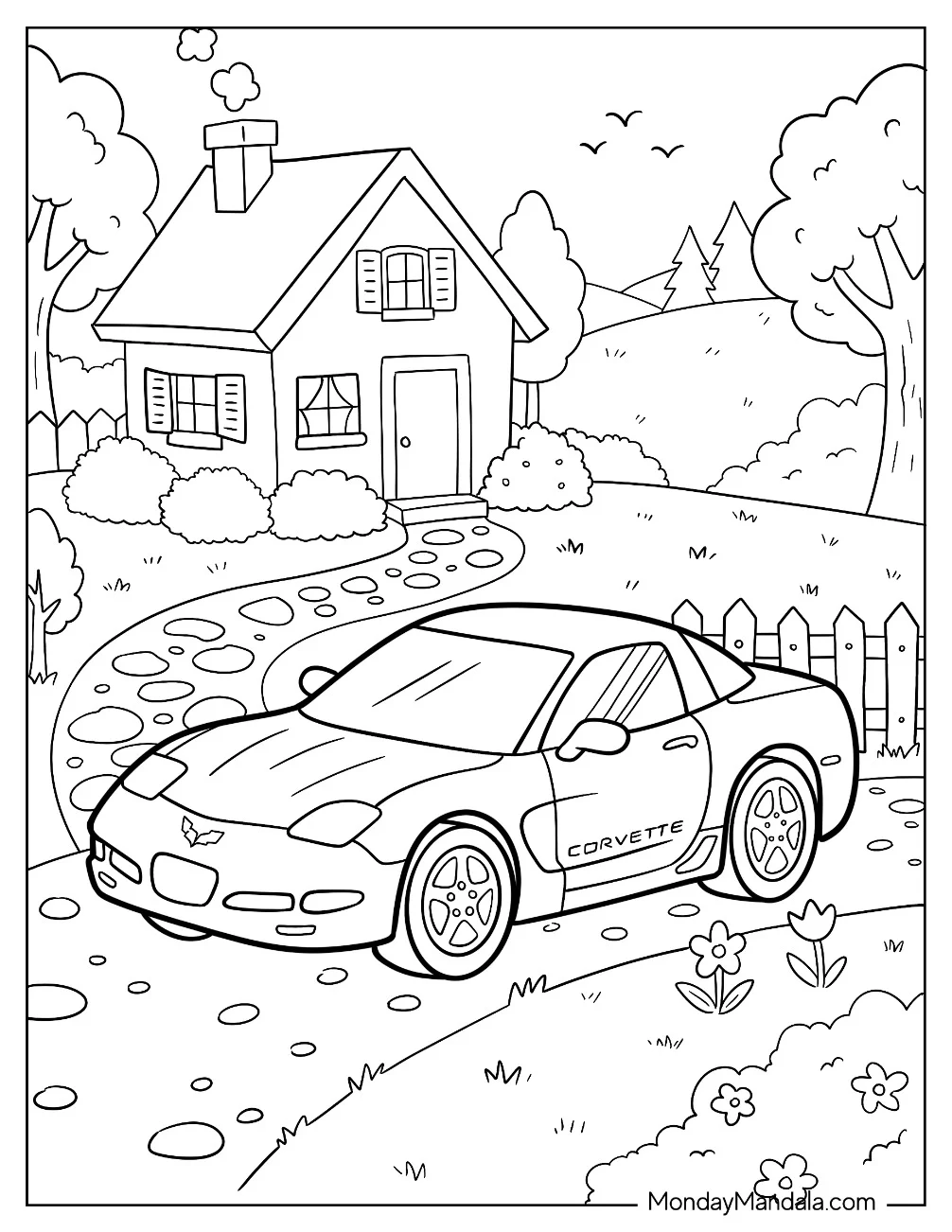 Corvette Parked in Front of a Small House Coloring Page for Kids coloring page