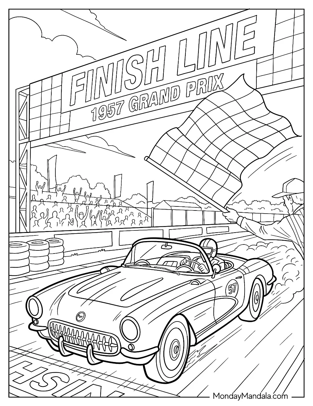 Corvette Race Car Crossing the Finish Line coloring page