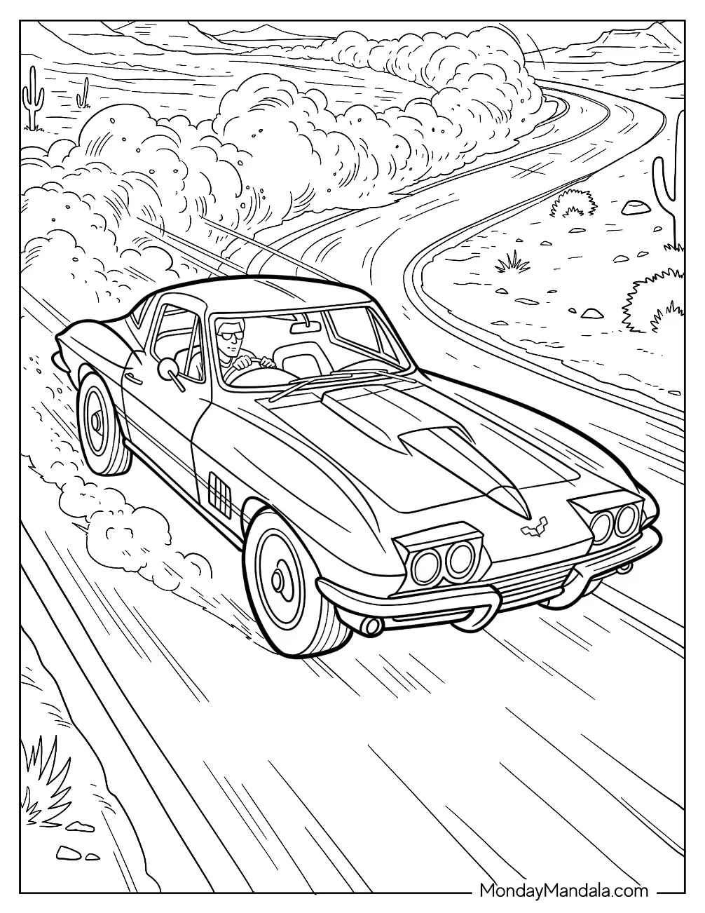 Corvette Racing Through the Desert Coloring Sheet coloring page