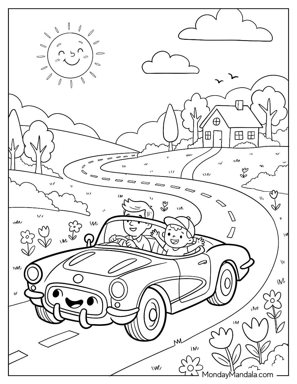 Dad Driving His Son in a Corvette Coloring Page coloring page
