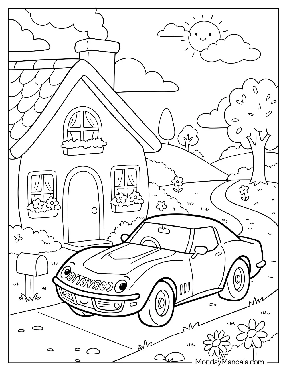 Kawaii Corvette Parked Outside a House Coloring Page coloring page