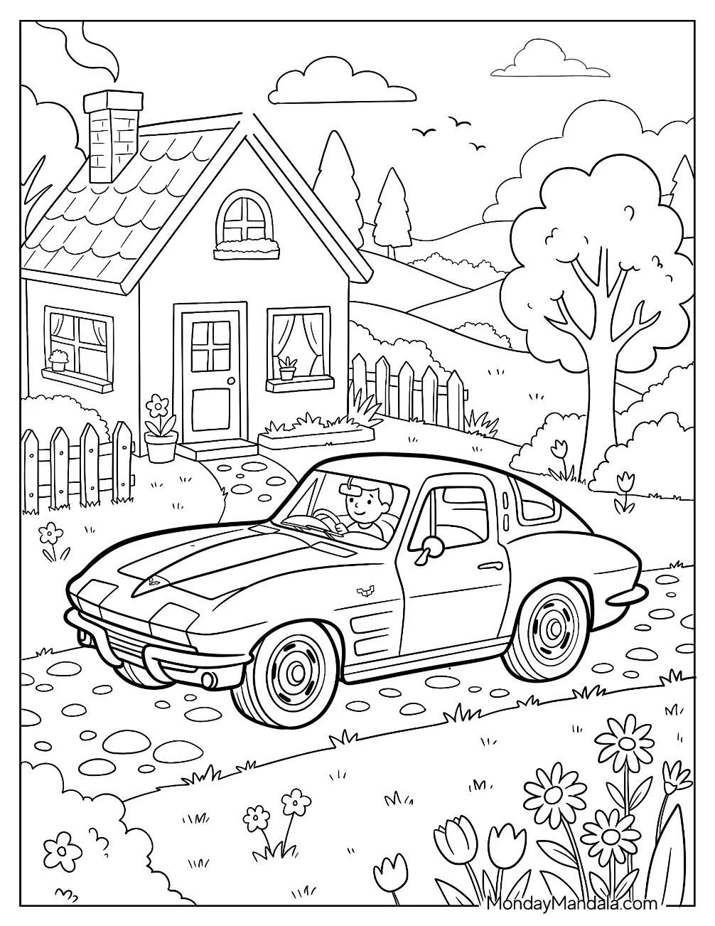 Man Driving a Corvette in a Village Coloring Sheet coloring page