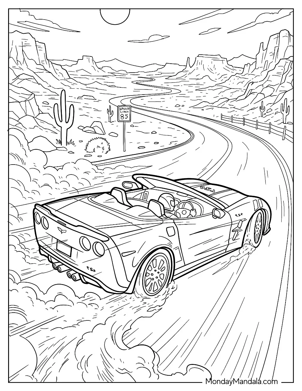 Racer Driving a Corvette on a Desert Road Coloring Page coloring page