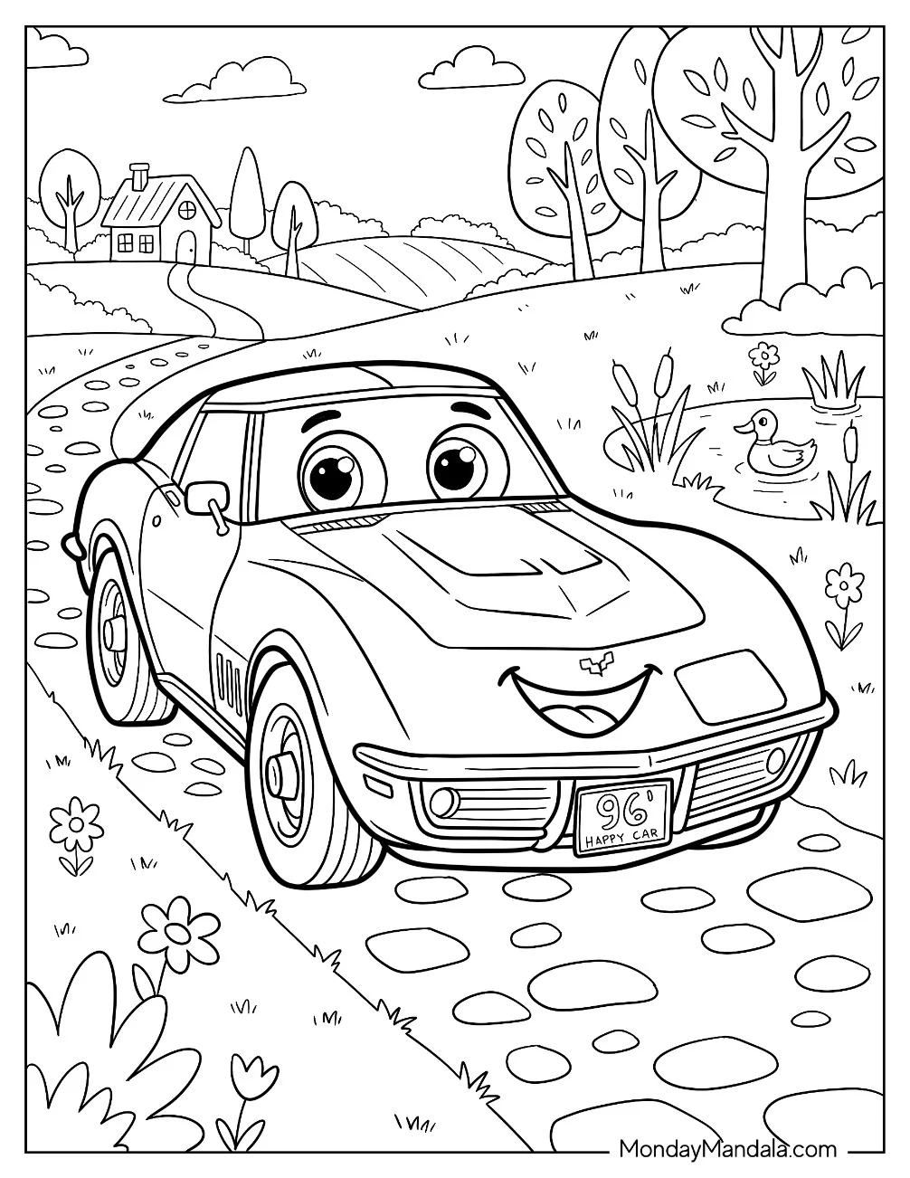 Smiling Cartoon Corvette Coloring Page for Kids coloring page