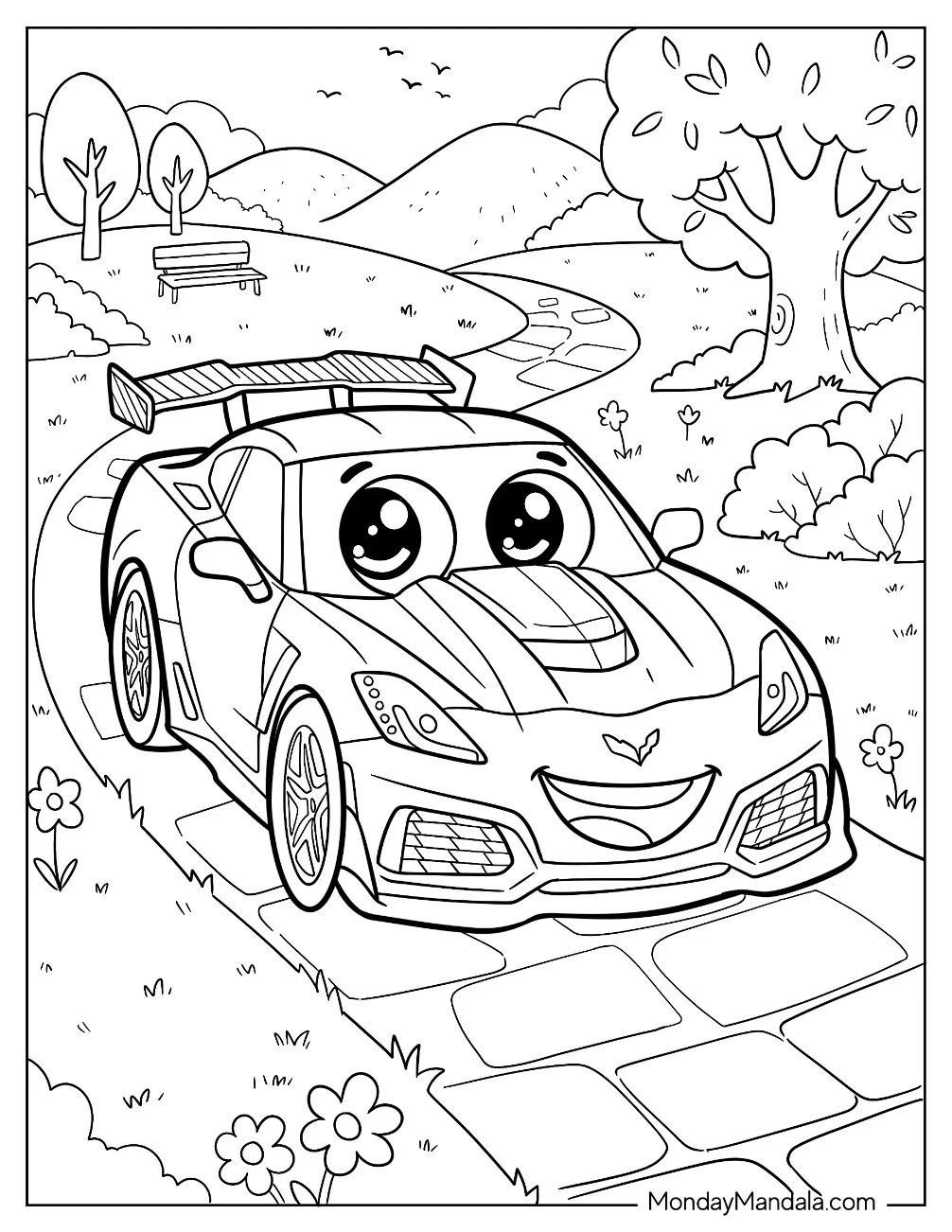 Smiling Corvette Driving on a Road Coloring Sheet coloring page