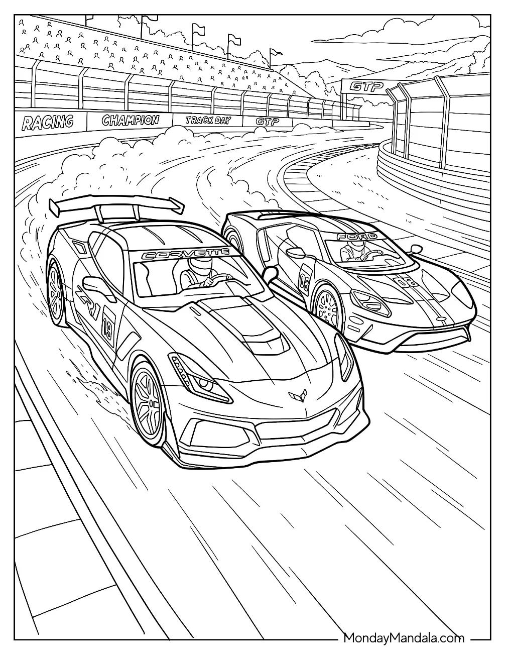 Two Chevrolet Corvettes Racing Around a Track Coloring Page coloring page