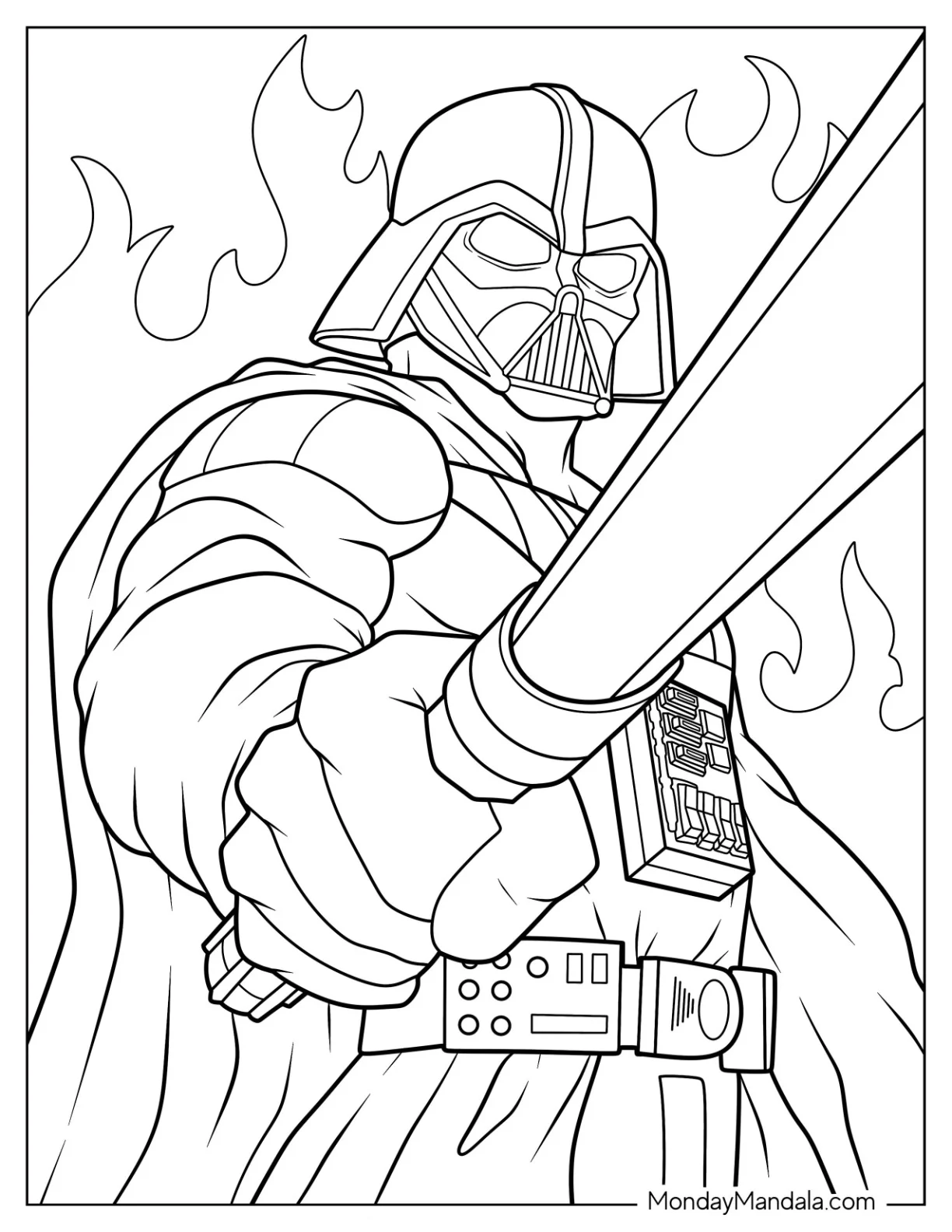 Close Up Of Darth Vader Coloring Page With Lightsaber coloring page