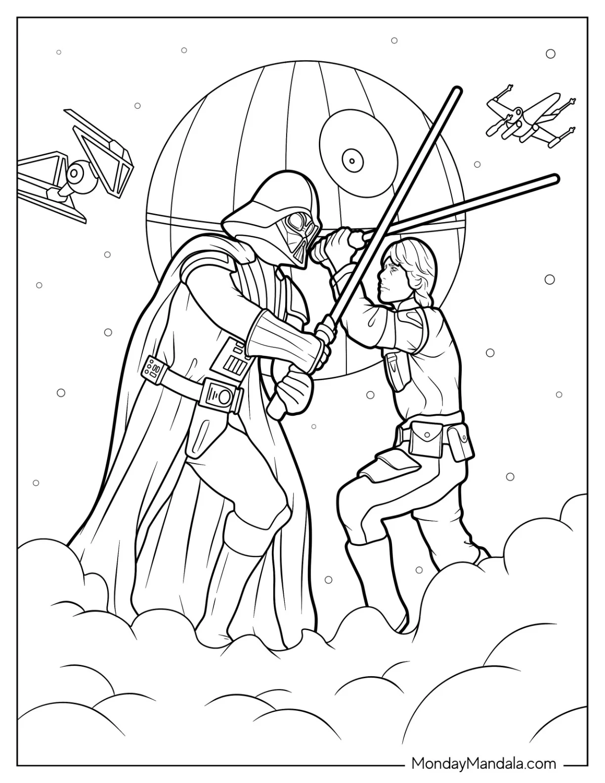 Darth Vader Coloring Page Fighting Luke Skywalker In Front Of Death Star coloring page — printable line art