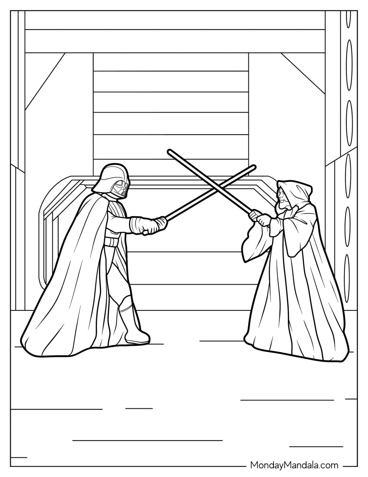 Darth Vader Coloring Page Fighting Obi Wan Kenobi In Starcruiser coloring page — printable line art