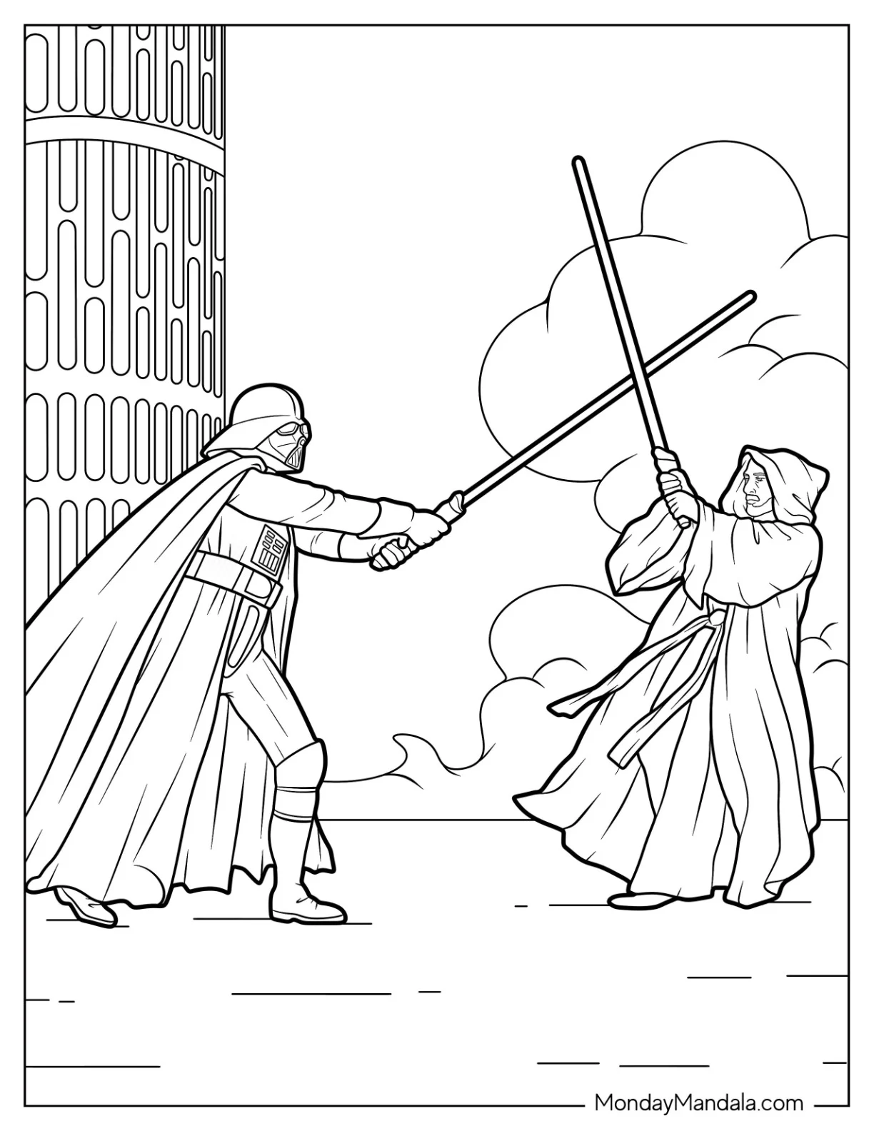 Darth Vader Coloring Page Fighting Obi Wan Kenobi coloring page — printable line art