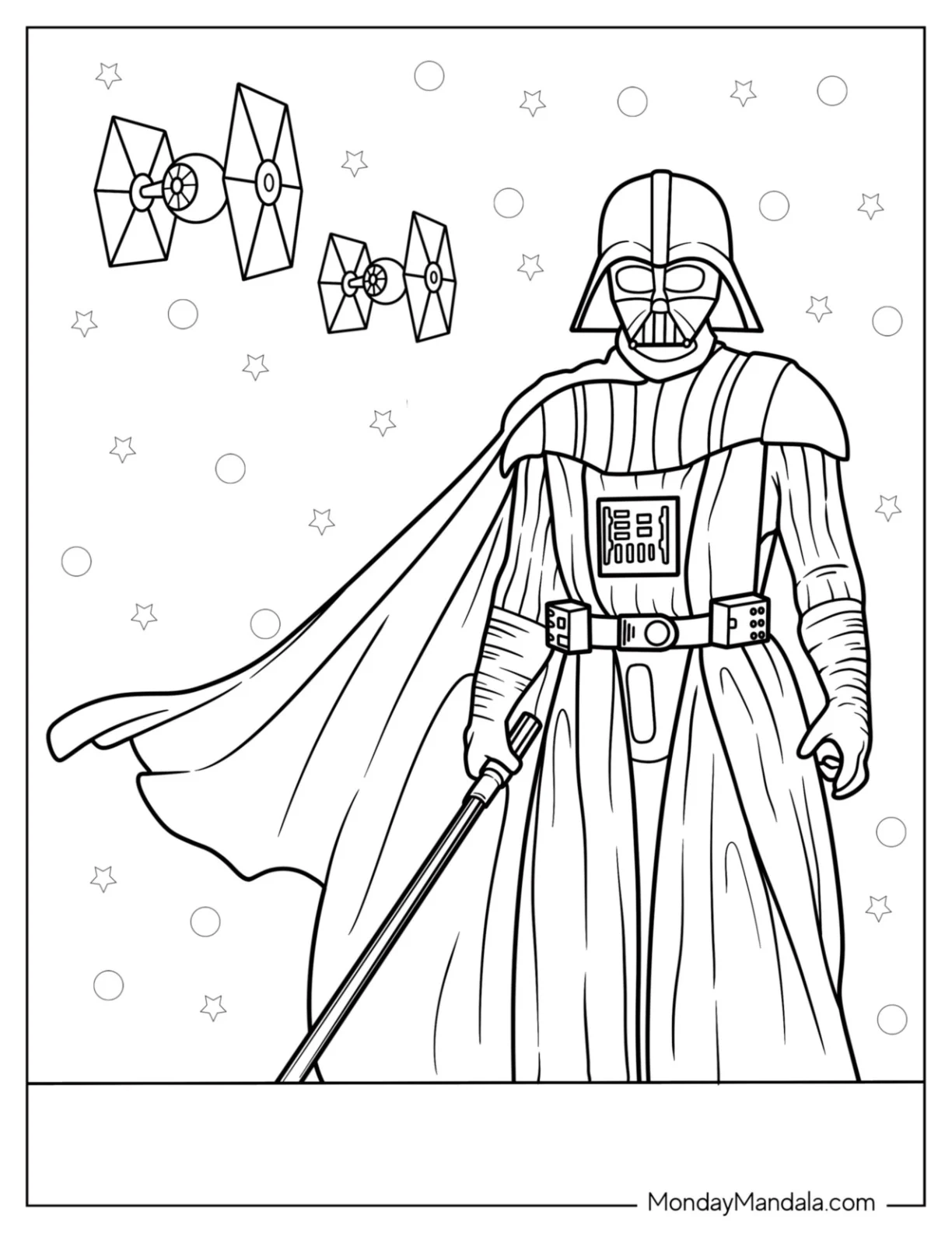Darth Vader Coloring Page In Front Of TIE Fighters coloring page
