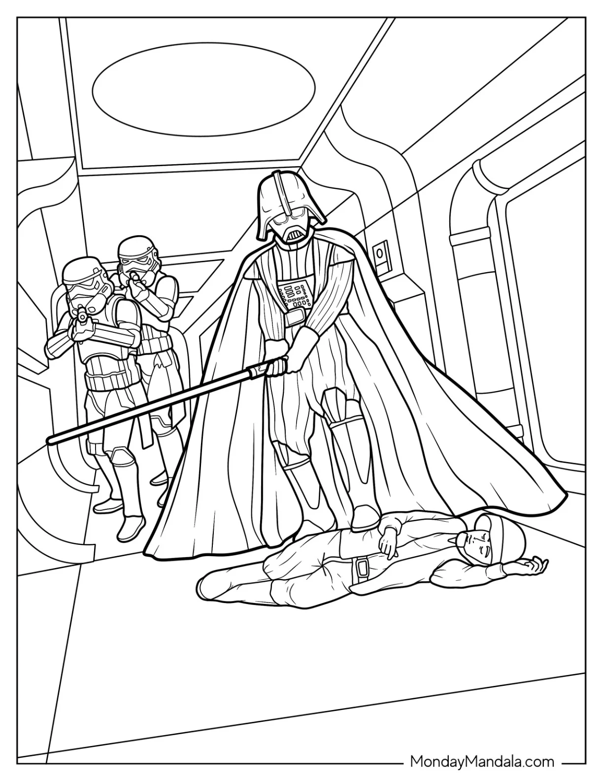 Darth Vader Coloring Page Invading Starcruiser With Stormtroopers coloring page — printable line art