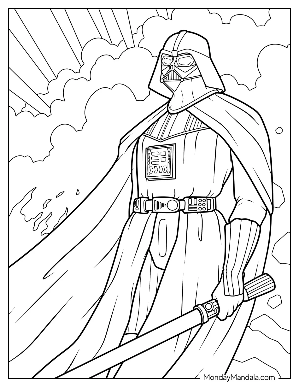 Realistic Darth Vader Coloring Page In Battle coloring page — printable line art