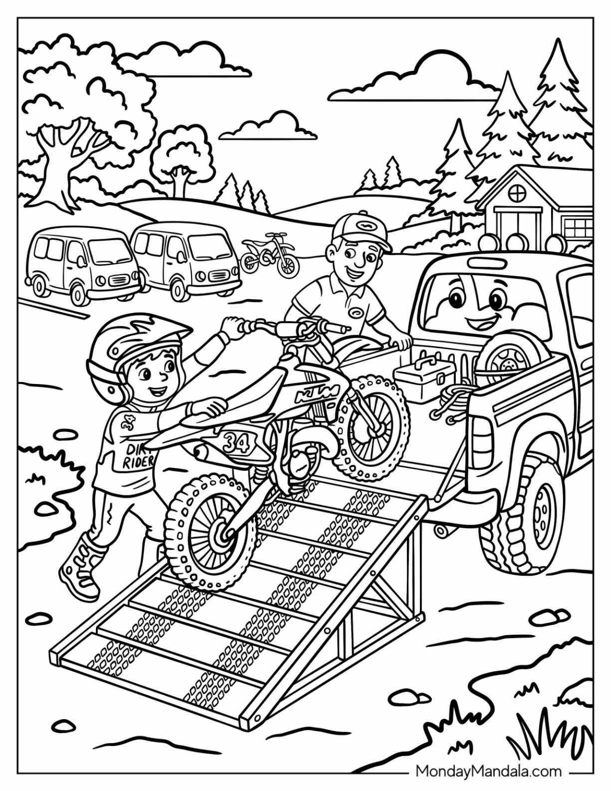 Children Loading a Dirt Bike onto a Pickup Truck Coloring Page coloring page — printable line art