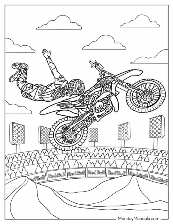 Dirt Bike Coloring Page Of Freestyle Rider Doing Holy Grab Trick coloring page — printable line art