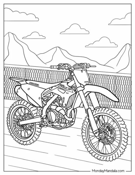 Dirt Bike Coloring Page Of Honda With Mountains In Background coloring page — printable line art