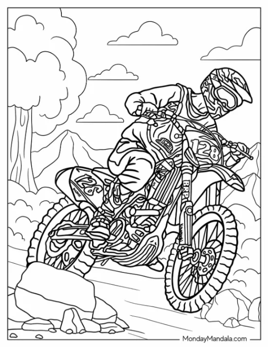 Dirt Bike Coloring Page Of Man Riding Kawasaki Downhill coloring page