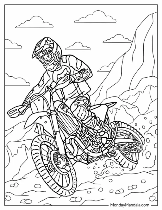 Dirt Bike Coloring Page Of Man Riding On Rocky Terrain coloring page