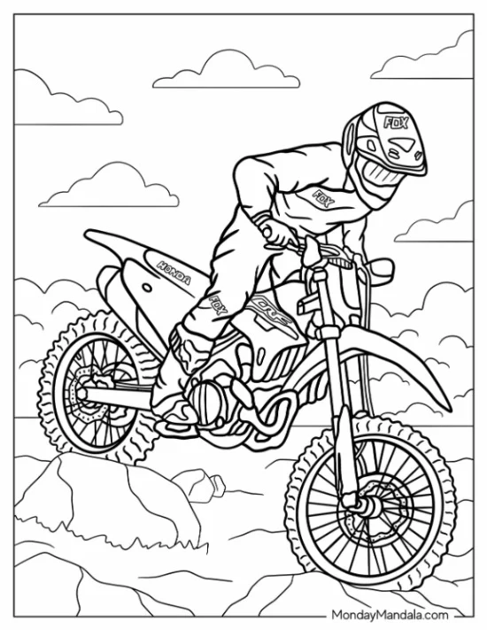 Dirt Bike Coloring Page Of Motocross Rider On Honda coloring page — printable line art