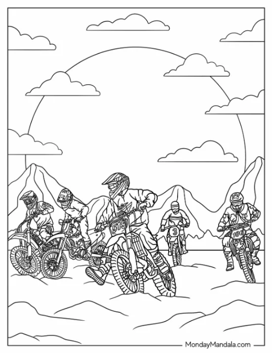 Dirt Bike Coloring Page Of Motocross Riders On Rocky Terrain coloring page