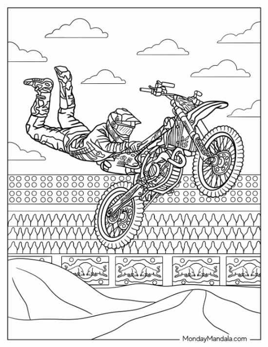 Dirt Bike Coloring Page Of Rider Doing Double Hart Attack Trick On Redline Motorsports coloring page — printable line art