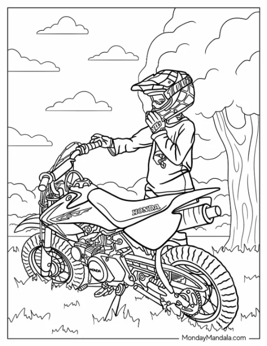 Dirt Bike Coloring Page Of Young Boy With Honda coloring page