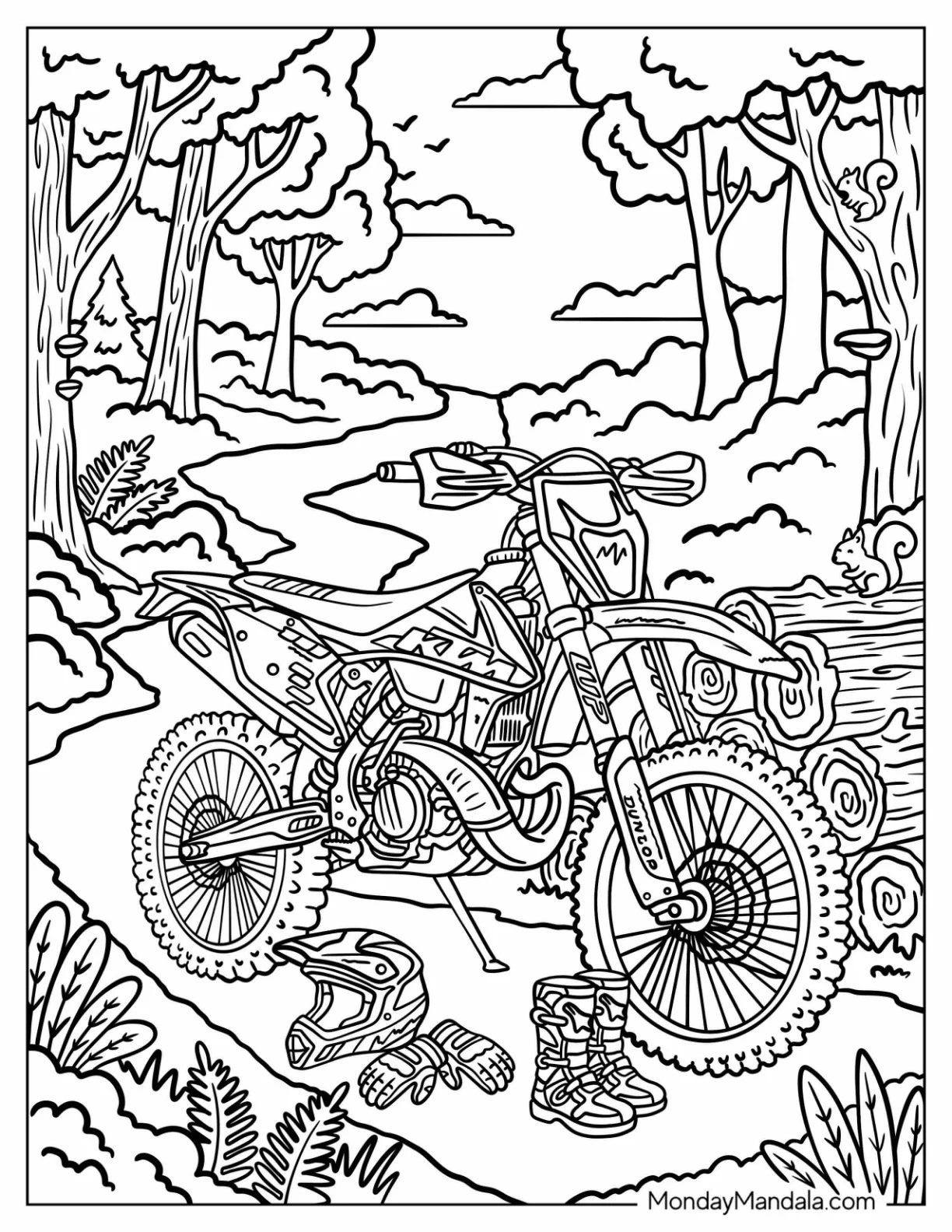 Dirt Bike Parked with Riding Gear on a Forest Trail Coloring Page coloring page