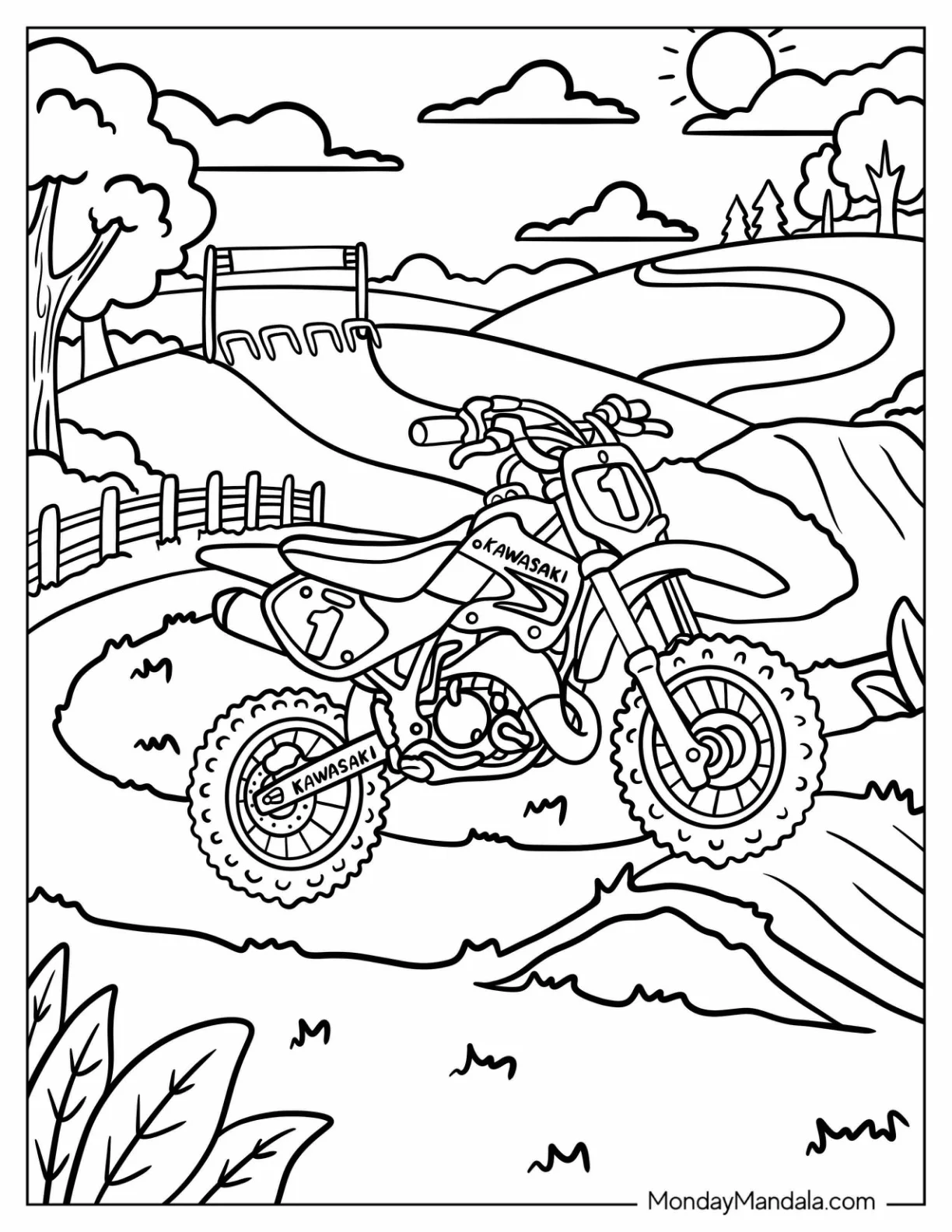 Kawasaki Dirt Bike Number 7 on a Winding Country Trail Coloring Page coloring page — printable line art
